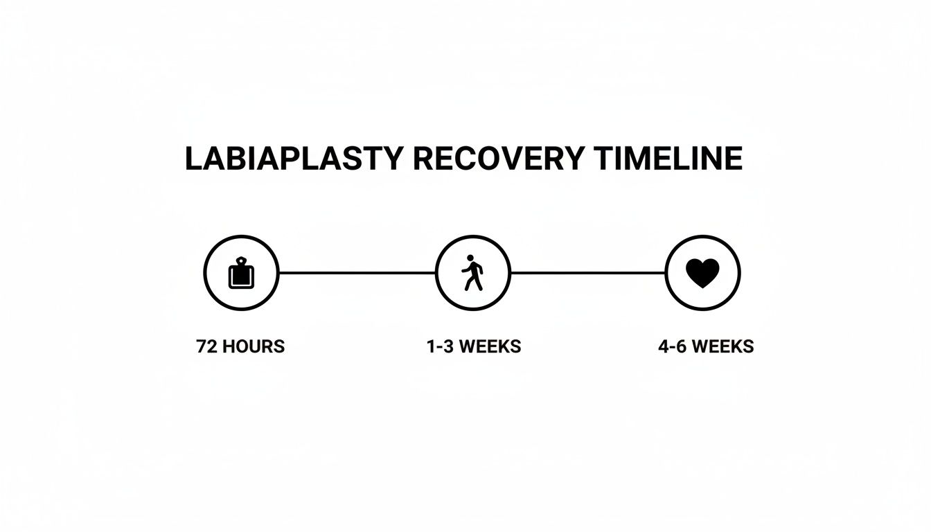 A labiaplasty recovery timeline displaying three stages: 72 hours, 1-3 weeks, and 4-6 weeks.