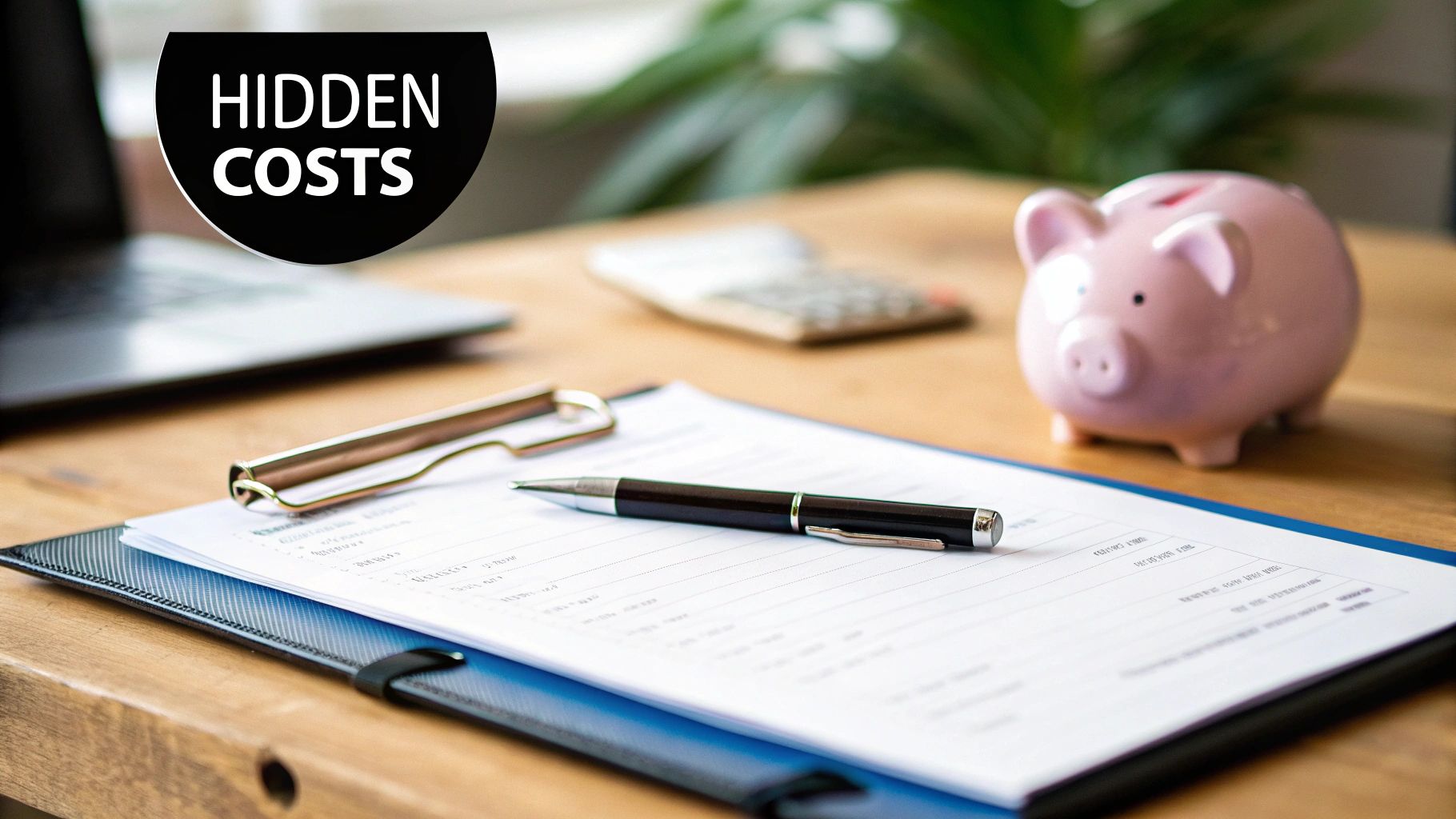 A wooden desk with a laptop, calculator, documents, pen, and a pink piggy bank, with 'HIDDEN COSTS' text.