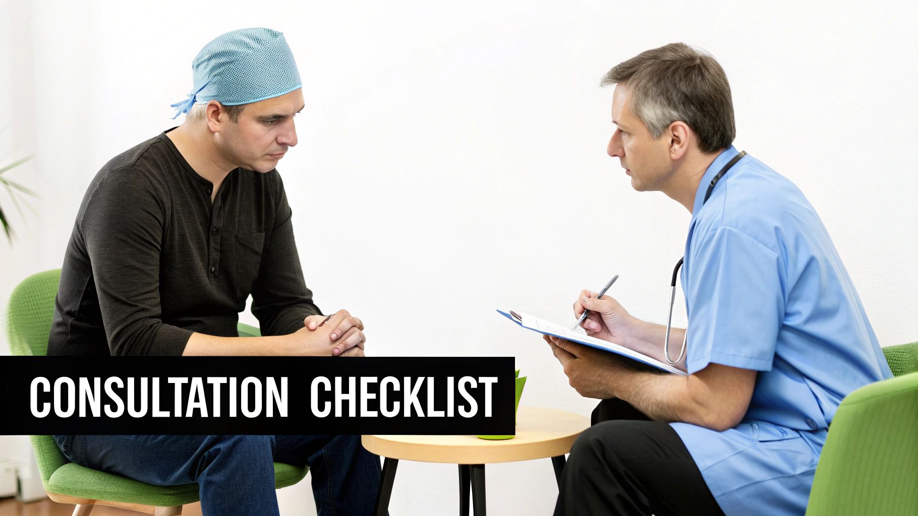 A patient in a surgical cap consults with a doctor in scrubs, reviewing a consultation checklist.