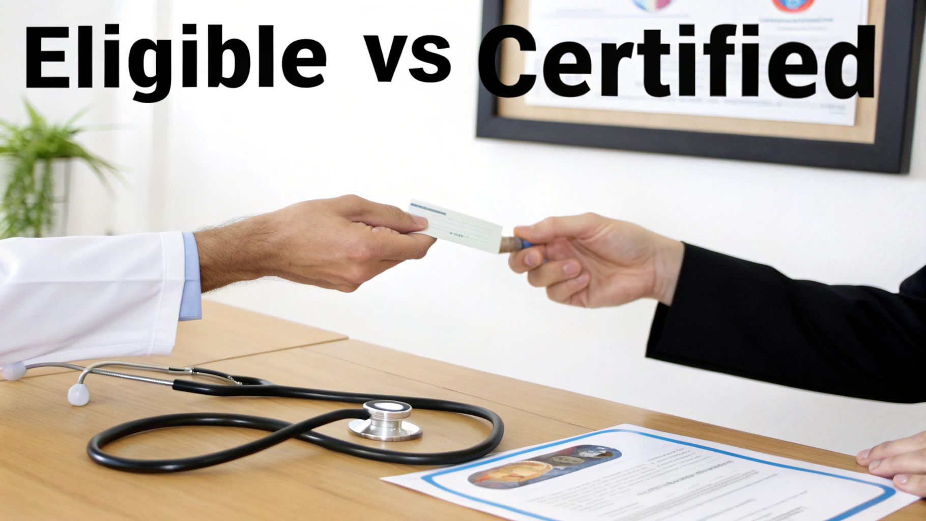 A doctor hands a card to a patient across a wooden desk with a stethoscope and document, titled 'Eligible vs Certified'.