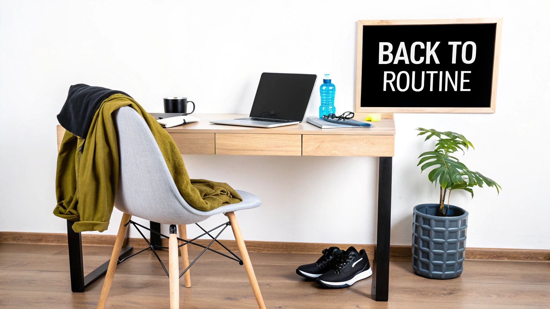 A home office desk with a laptop, water bottle, and a chair with clothes, indicating a return to routine.