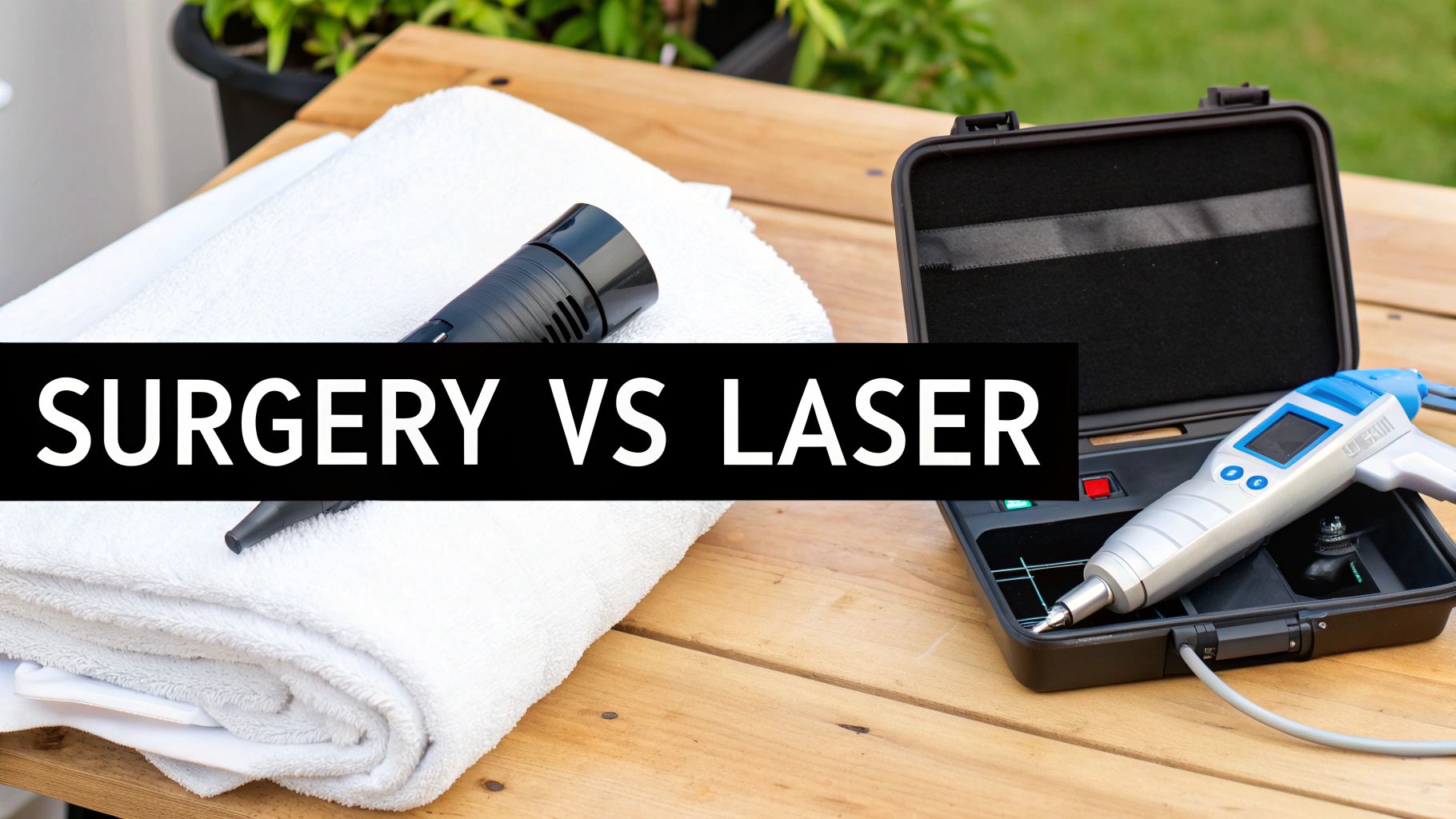 Surgical instruments on a white towel contrasted with a modern laser therapy device in a case.