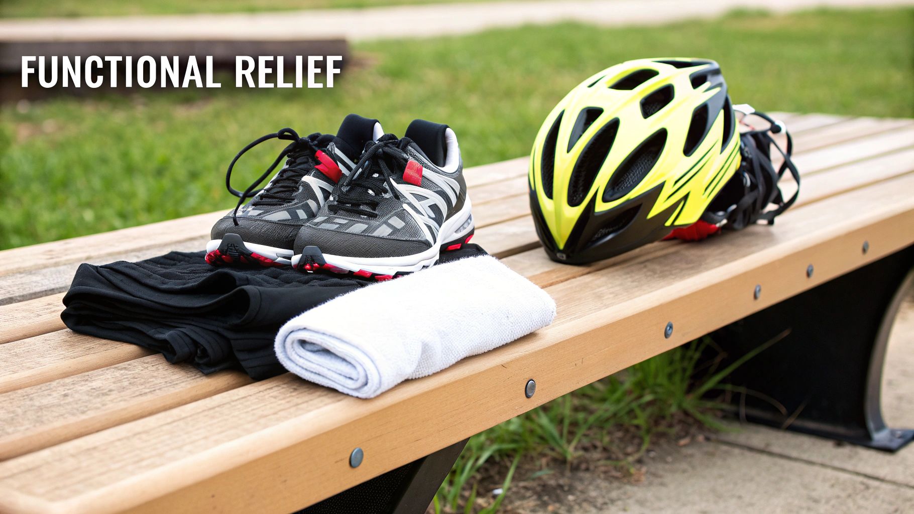Athletic shoes, folded activewear, towel, and cycling helmet on a wooden bench outdoors.