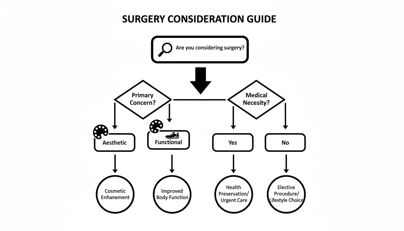 Flowchart outlining the decision process for surgery, categorizing it by primary concern and medical necessity.