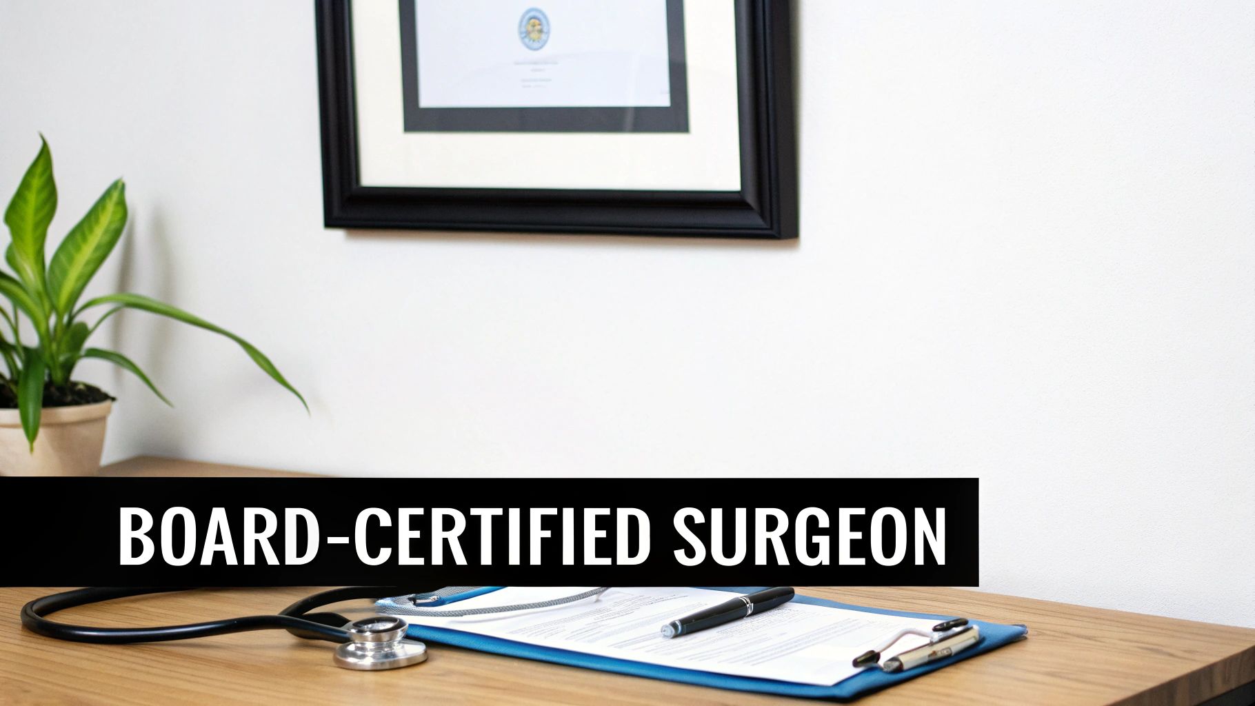 A surgeon's desk with a stethoscope, clipboard, and a framed certificate, featuring 'BOARD-CERTIFIED SURGEON' text.