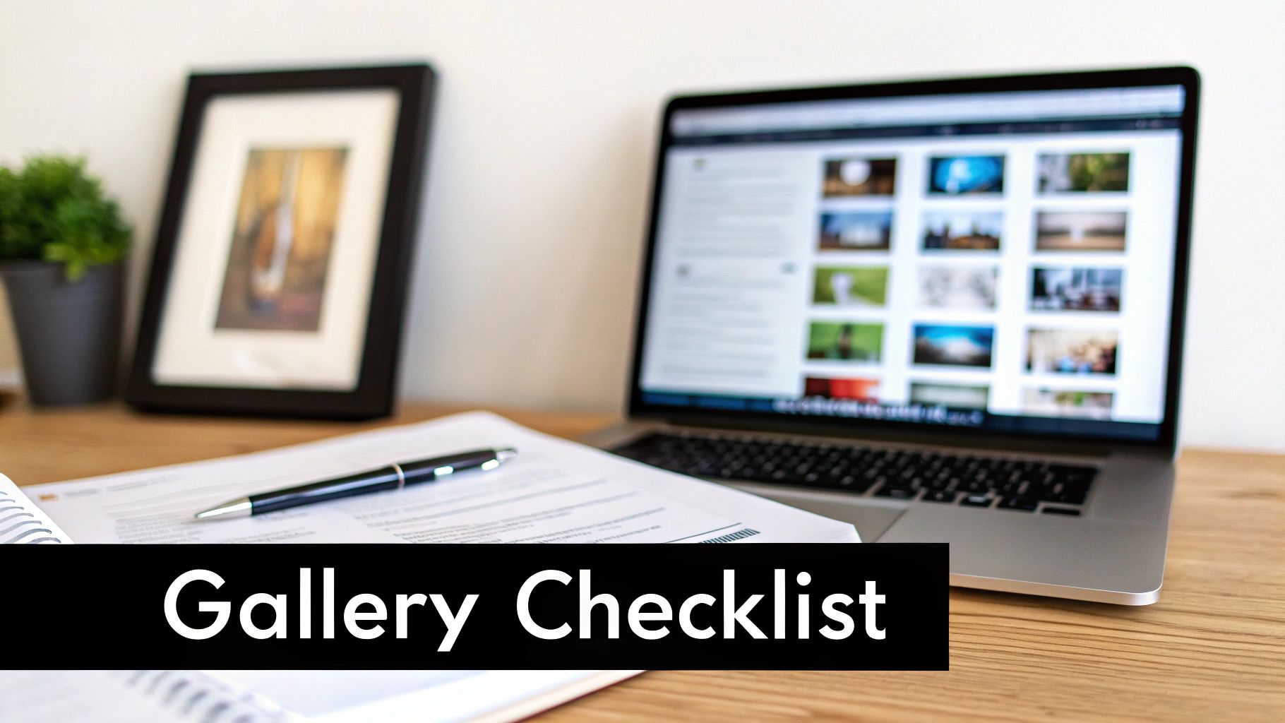 A desk with a laptop displaying a photo gallery, documents, pen, and a framed picture, showing 'Gallery Checklist'.