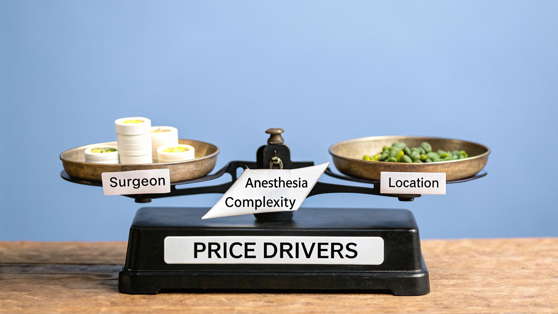 A weighing scale illustrating 'PRICE DRIVERS' with 'Surgeon', 'Anesthesia Complexity', and 'Location' as factors.