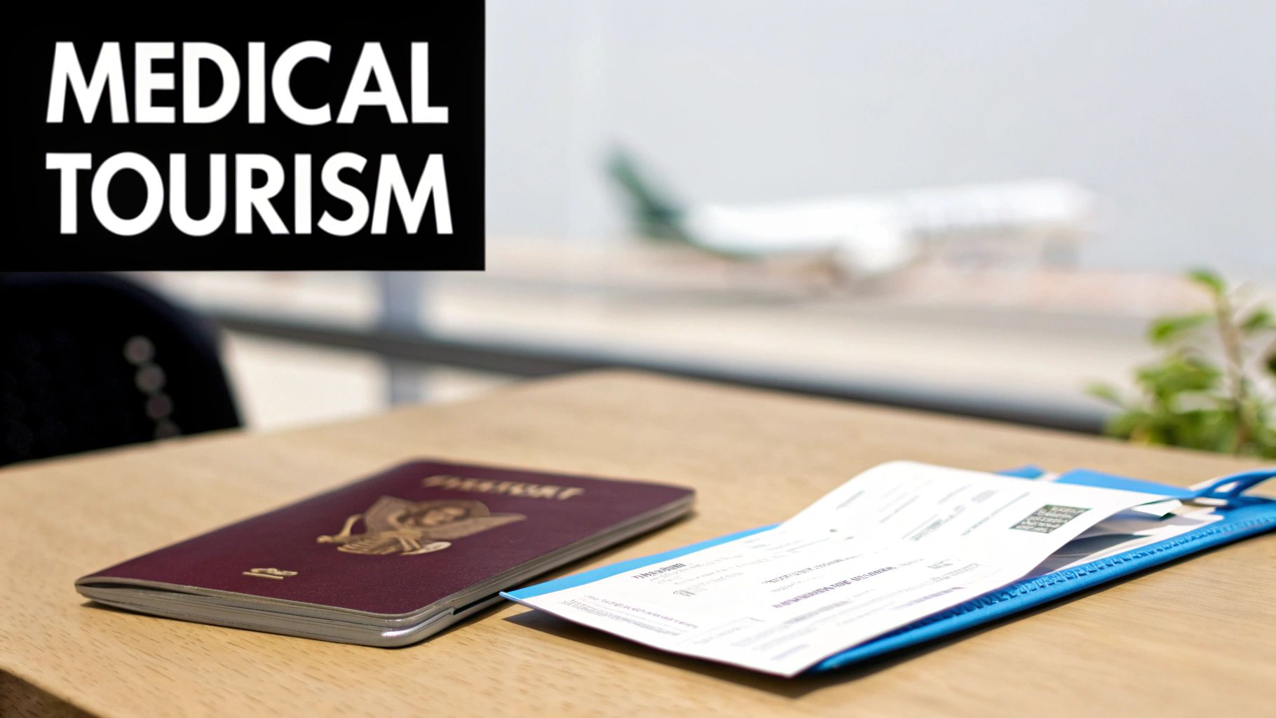 A passport and medical travel documents on a table at an airport, highlighting medical tourism.
