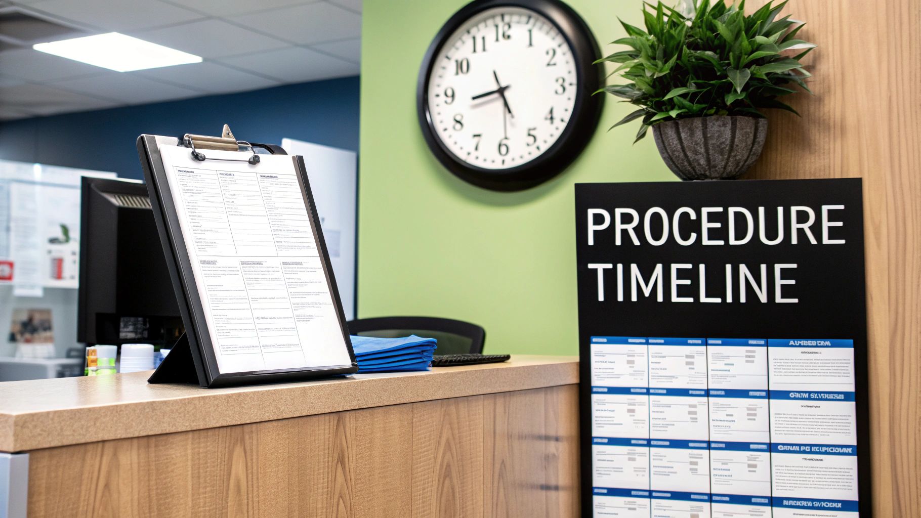 A clinic reception desk featuring a 'Procedure Timeline' sign, wall clock, and patient forms.