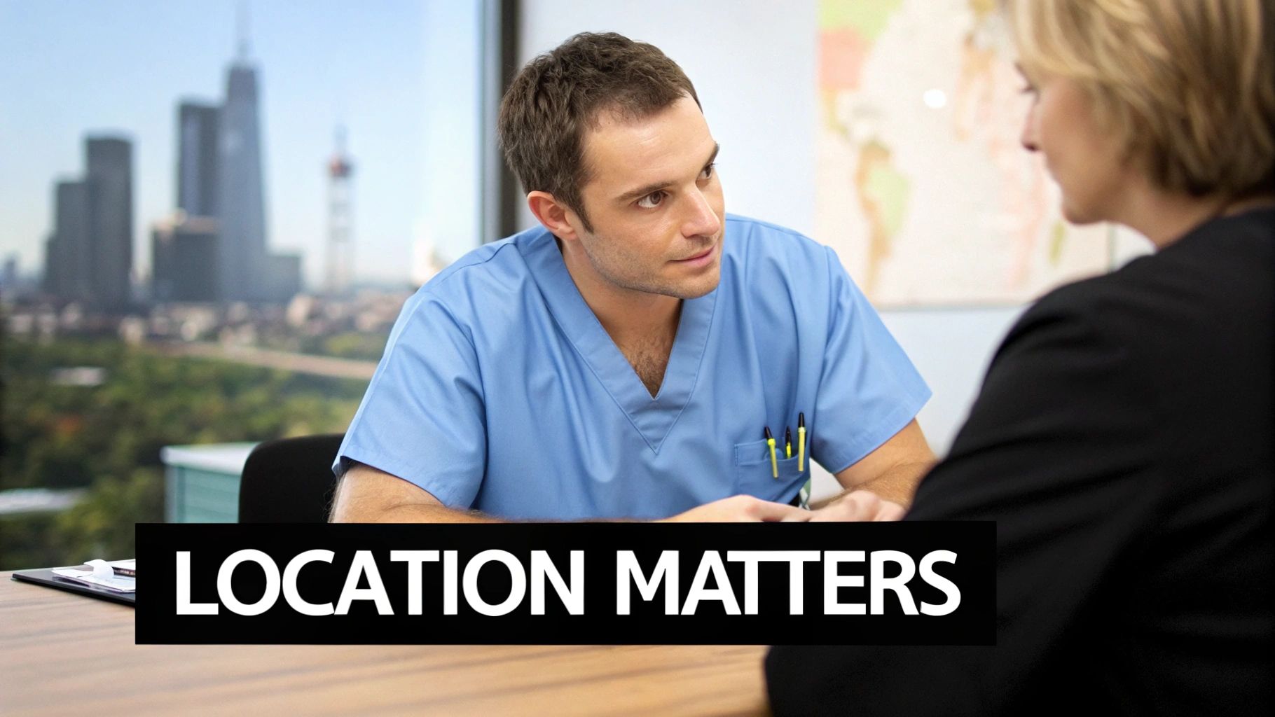 A male healthcare professional in blue scrubs converses with a woman in an office, city skyline background.