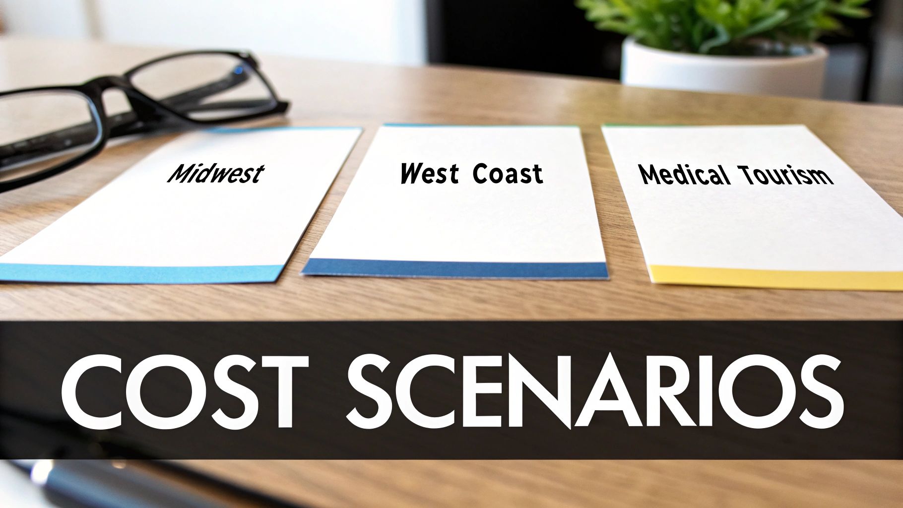Three cards labeled Midwest, West Coast, and Medical Tourism with a banner 'COST SCENARIOS'.