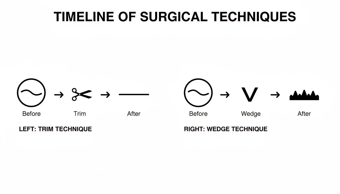 Diagram illustrating two surgical techniques, trim and wedge, showing 'before' wavy lines, the procedure, and 'after' results.