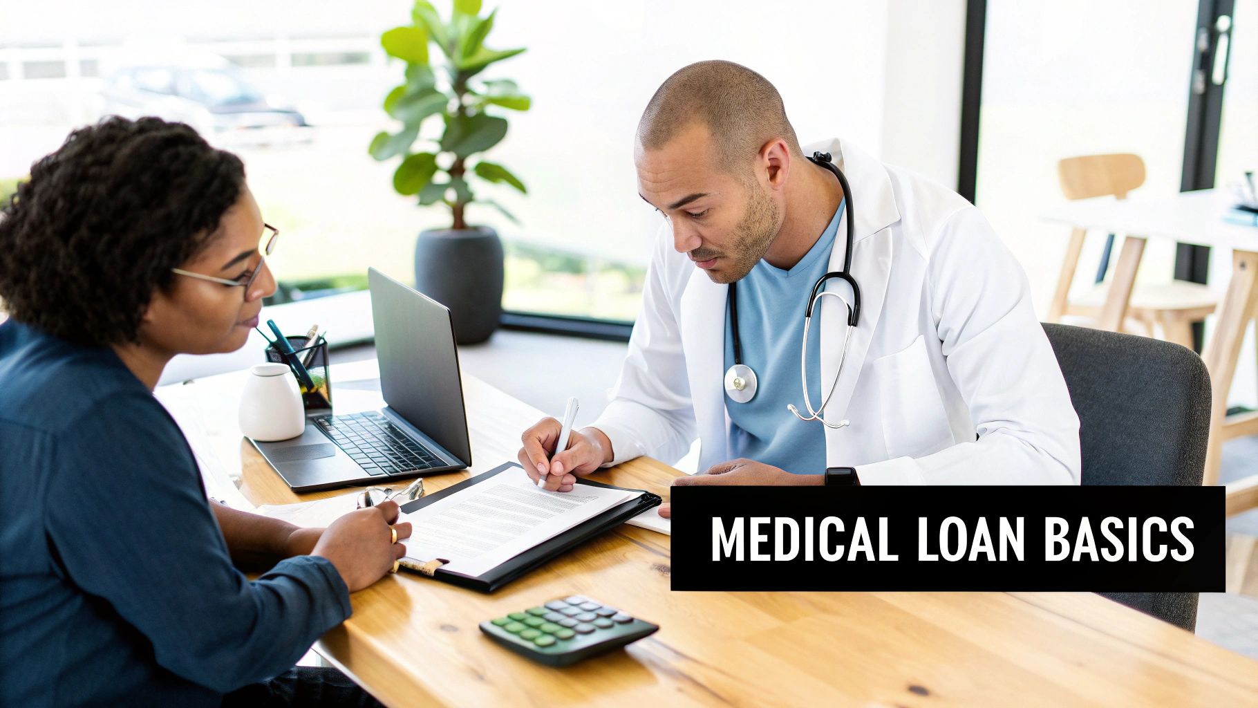A doctor in a white coat explains documents to a patient at a desk, with a laptop and calculator.