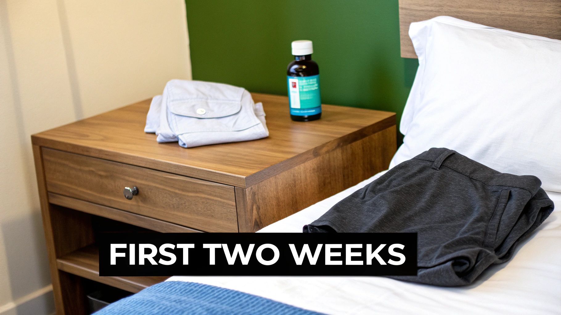 A bedside table with folded light blue shirt and a bottle, next to a bed with dark grey pants and a white pillow.