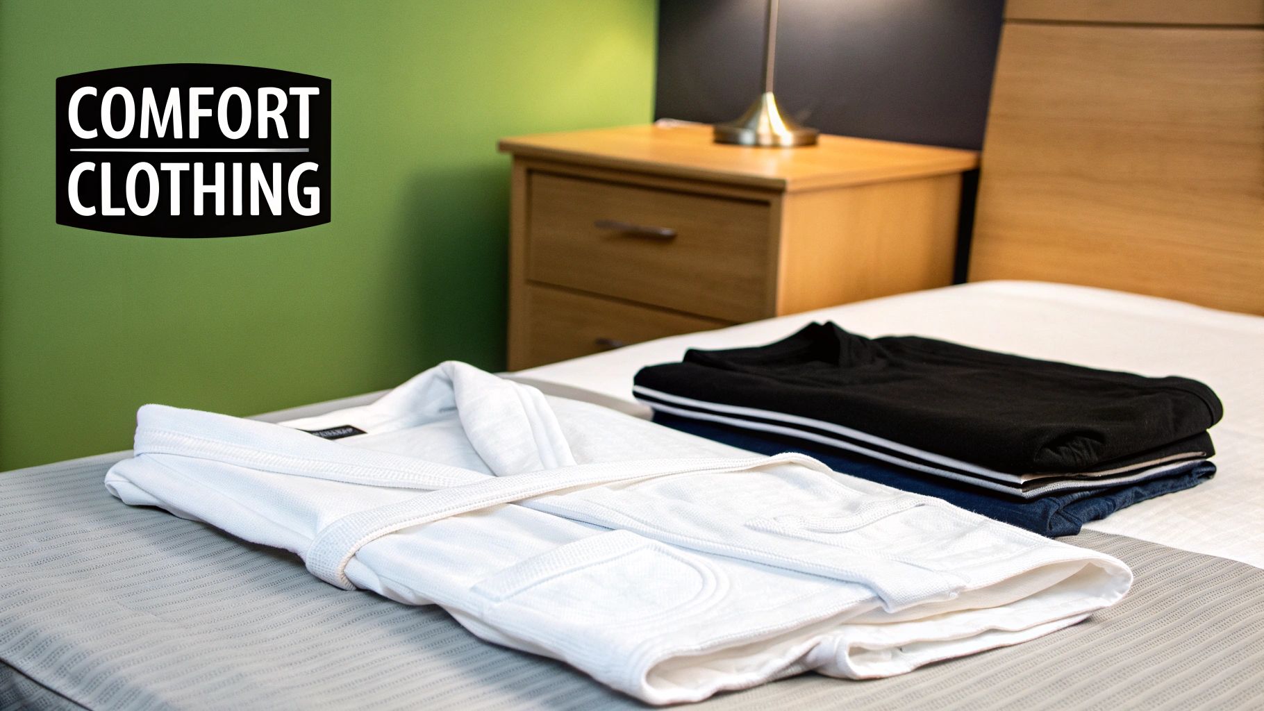 A white bathrobe and a stack of folded comfort clothing, including a black shirt, on a hotel bed.