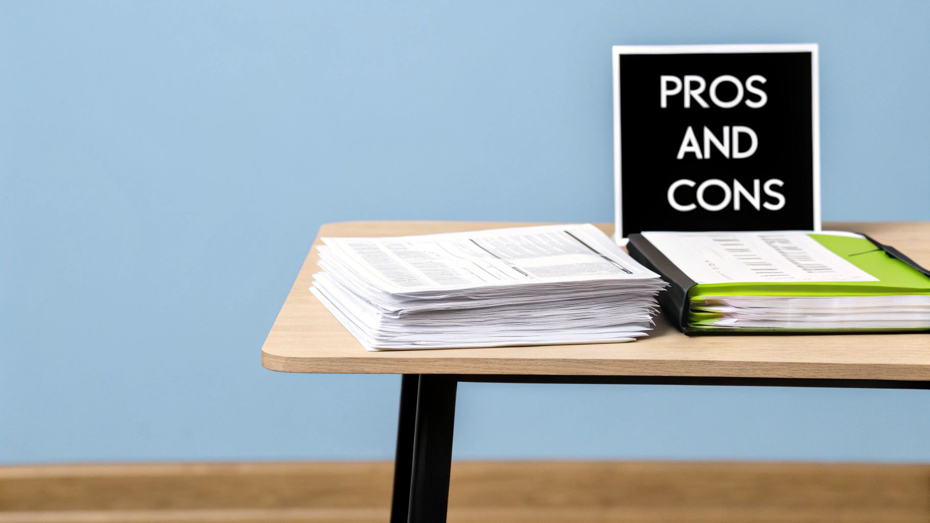 A wooden desk with a tall stack of papers, a green binder, and a 'PROS AND CONS' sign.