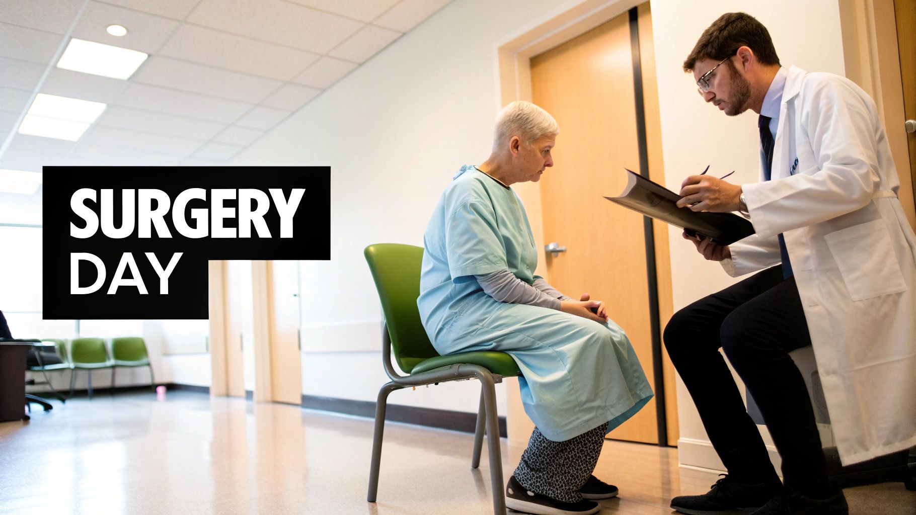 A doctor talks to a somber patient in scrubs on surgery day at a hospital hallway.