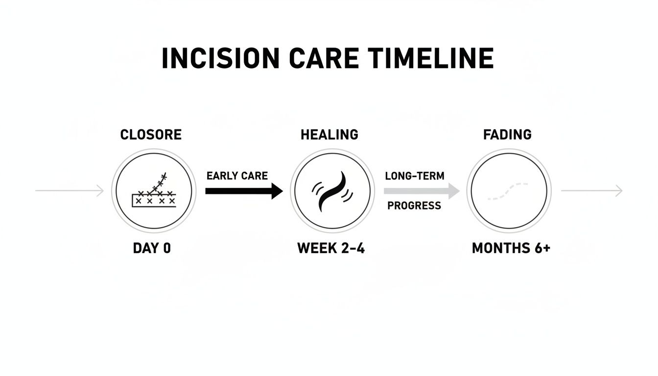 A timeline illustrating incision care stages: Closure (Day 0), Healing (Week 2-4), and Fading (Months 6+), with progress arrows.