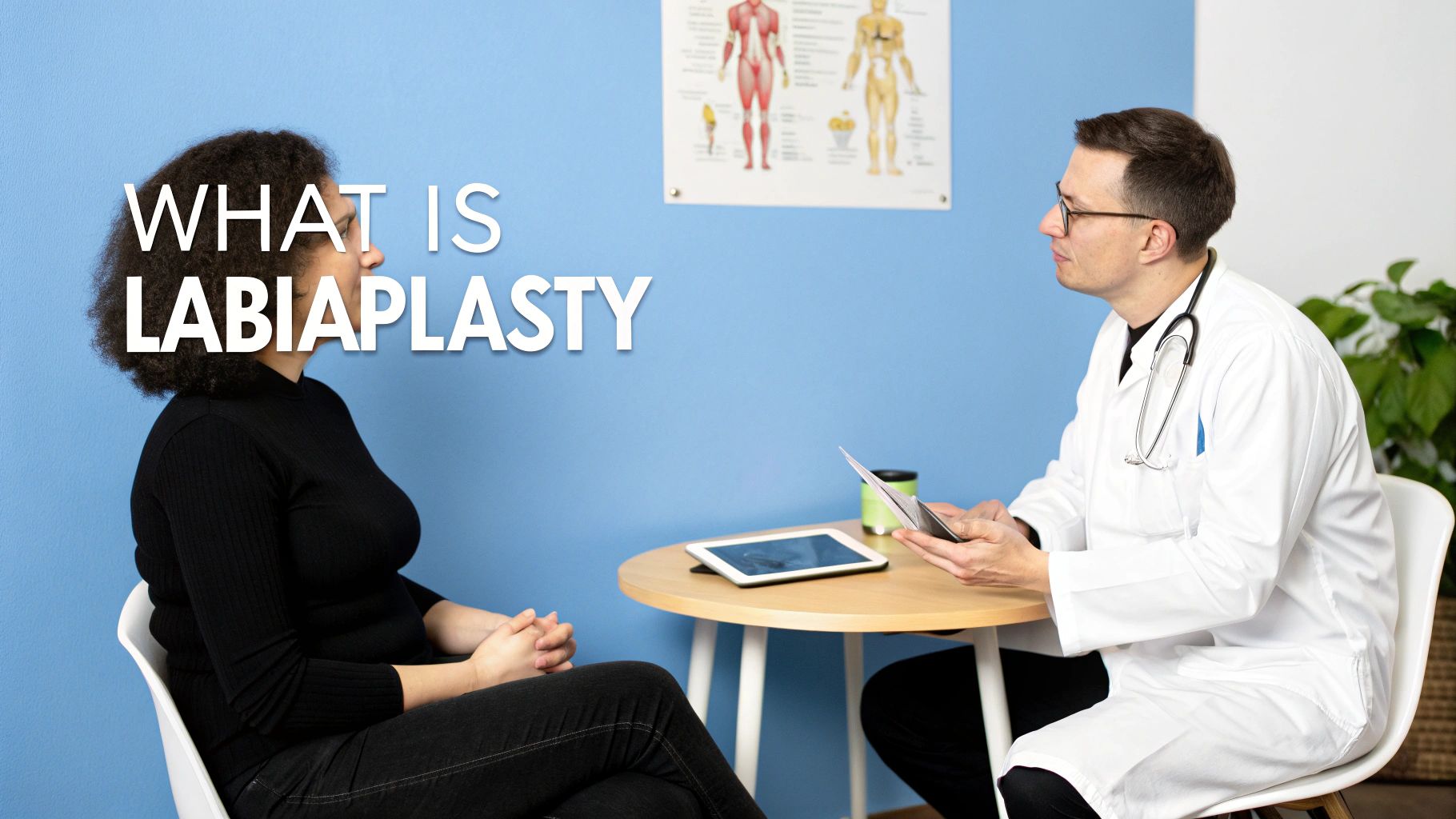 A doctor explains labiaplasty to a female patient during a medical consultation with overlaid text.