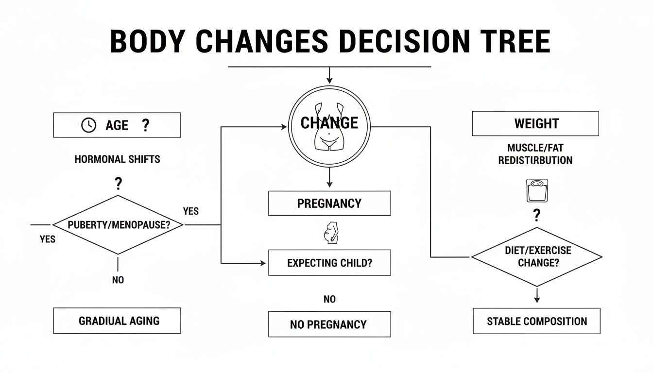 A decision tree flowchart illustrating various causes of body changes related to age, pregnancy, and weight.