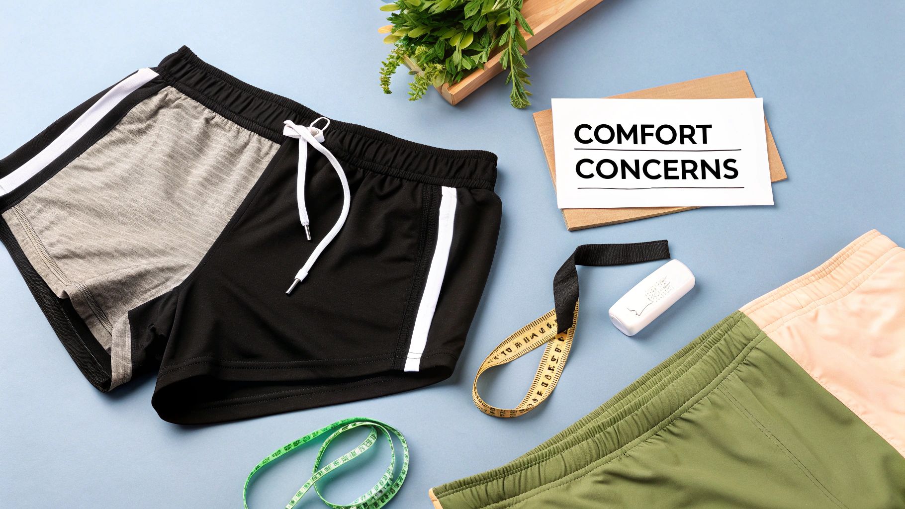 Athletic shorts, measuring tapes, and a 'COMFORT CONCERNS' card, symbolizing fitness and body image.
