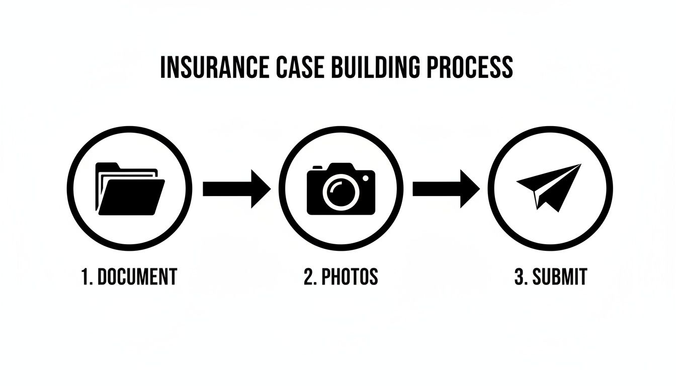 A three-step infographic outlining the insurance case building process: document, photos, and submit.