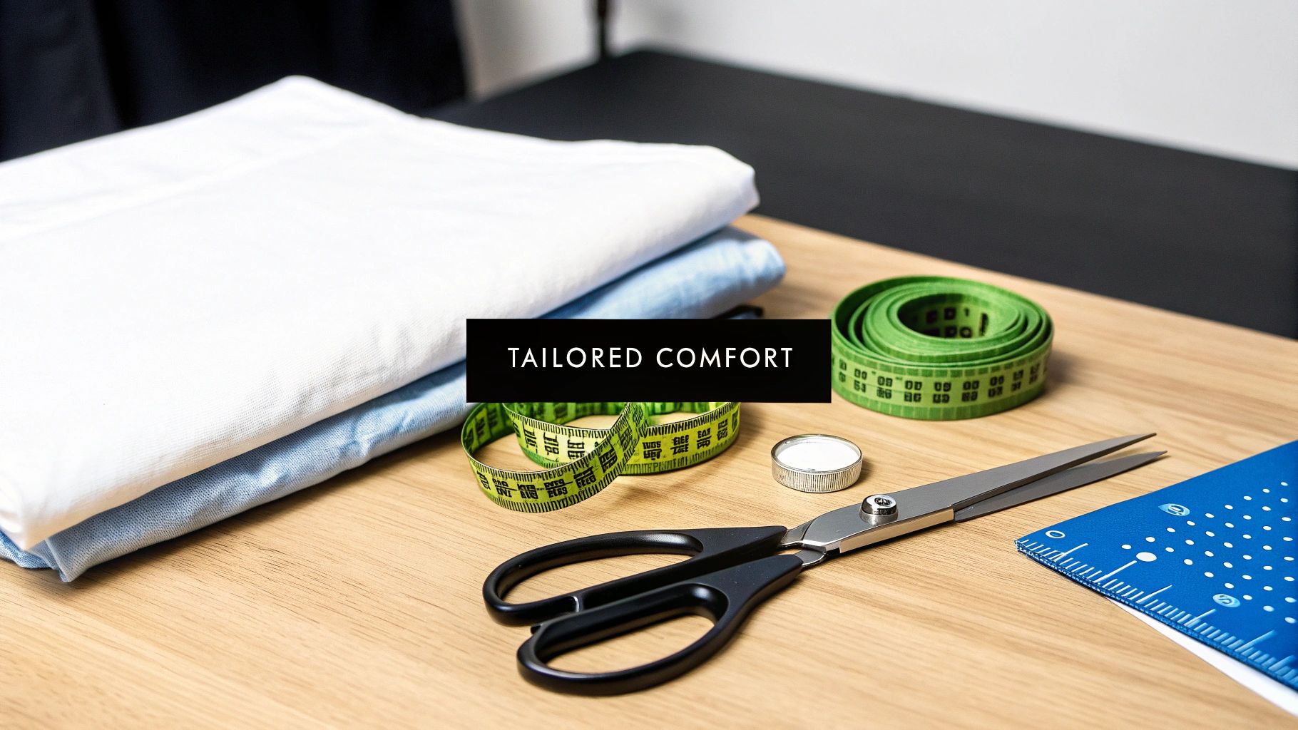 Tailoring tools including fabric, measuring tapes, scissors, and a ruler on a wooden table.
