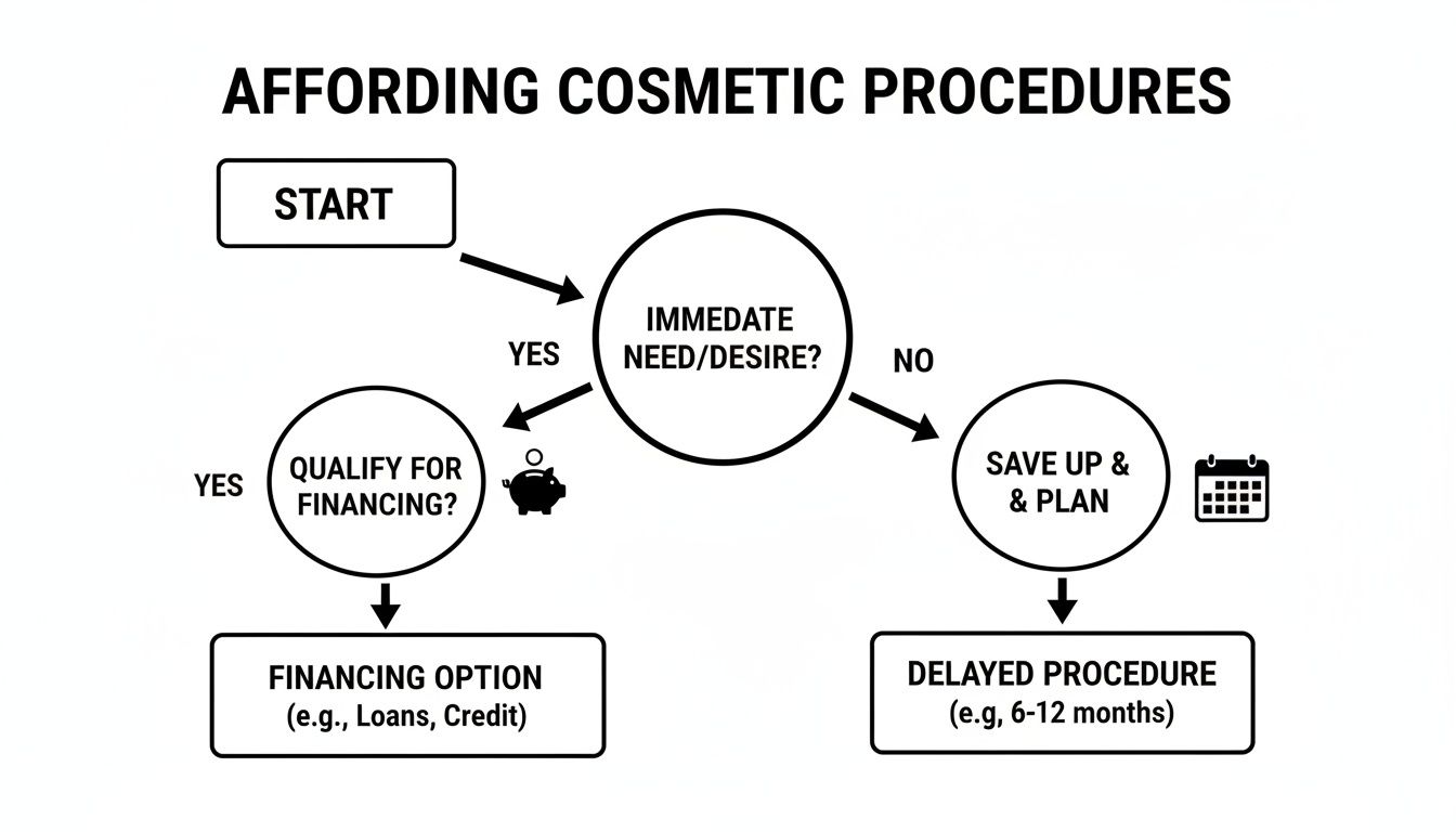 Flowchart illustrating how to afford cosmetic procedures, detailing options for immediate needs like financing or saving and planning for delayed procedures.