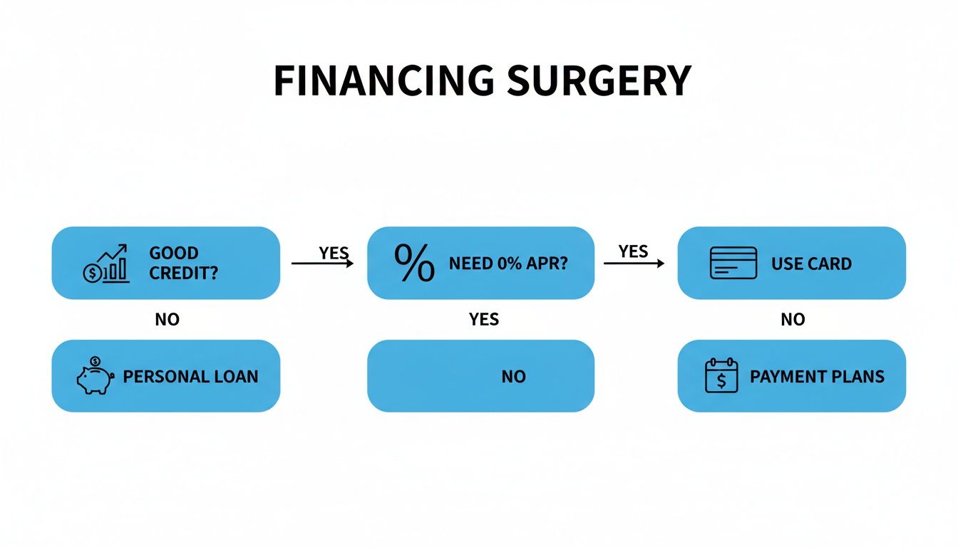 A flowchart titled 'FINANCING SURGERY' outlines options based on good credit and 0% APR needs.