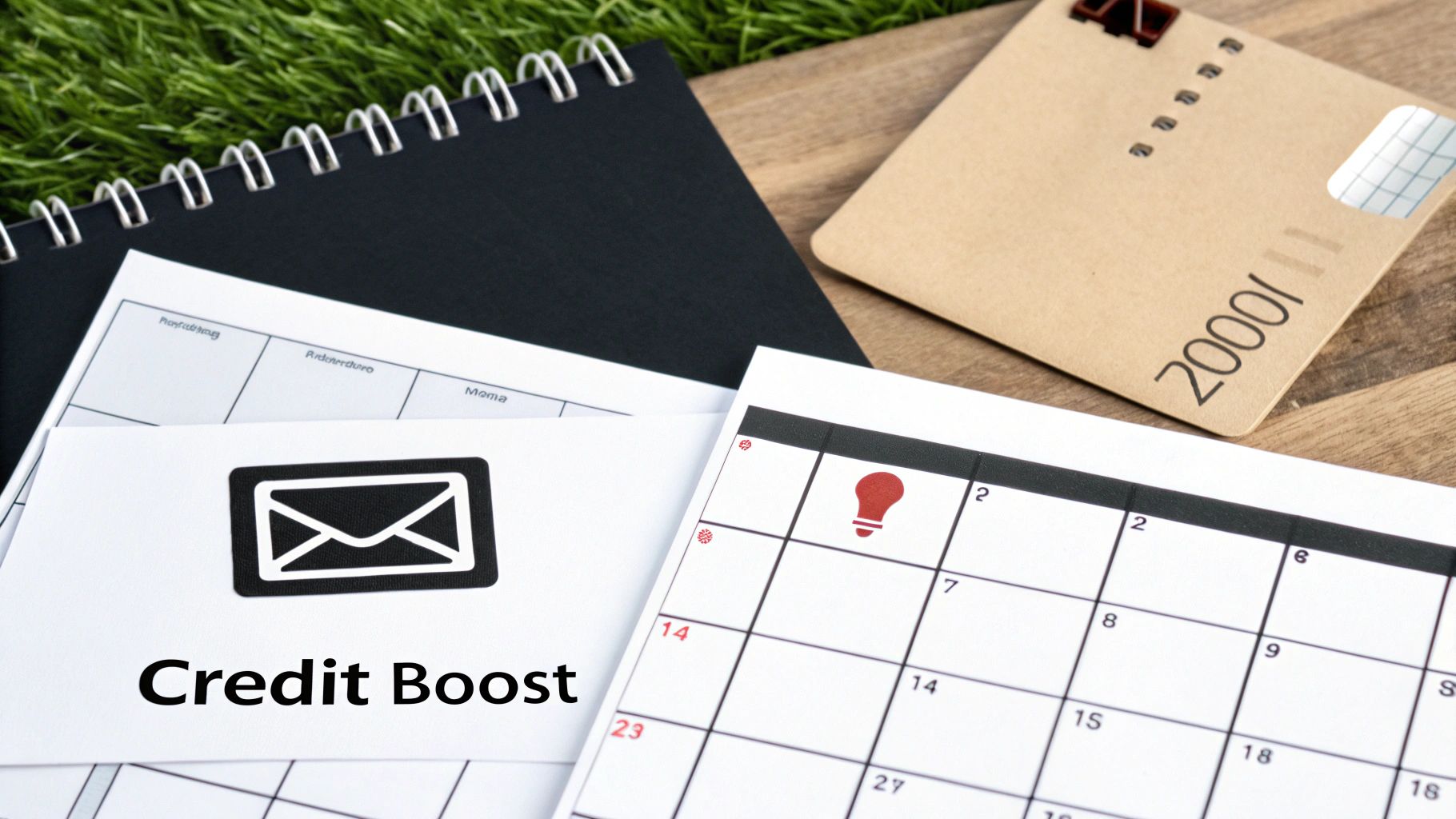 A document labeled 'Credit Boost' next to a calendar with a lightbulb idea and notebooks.