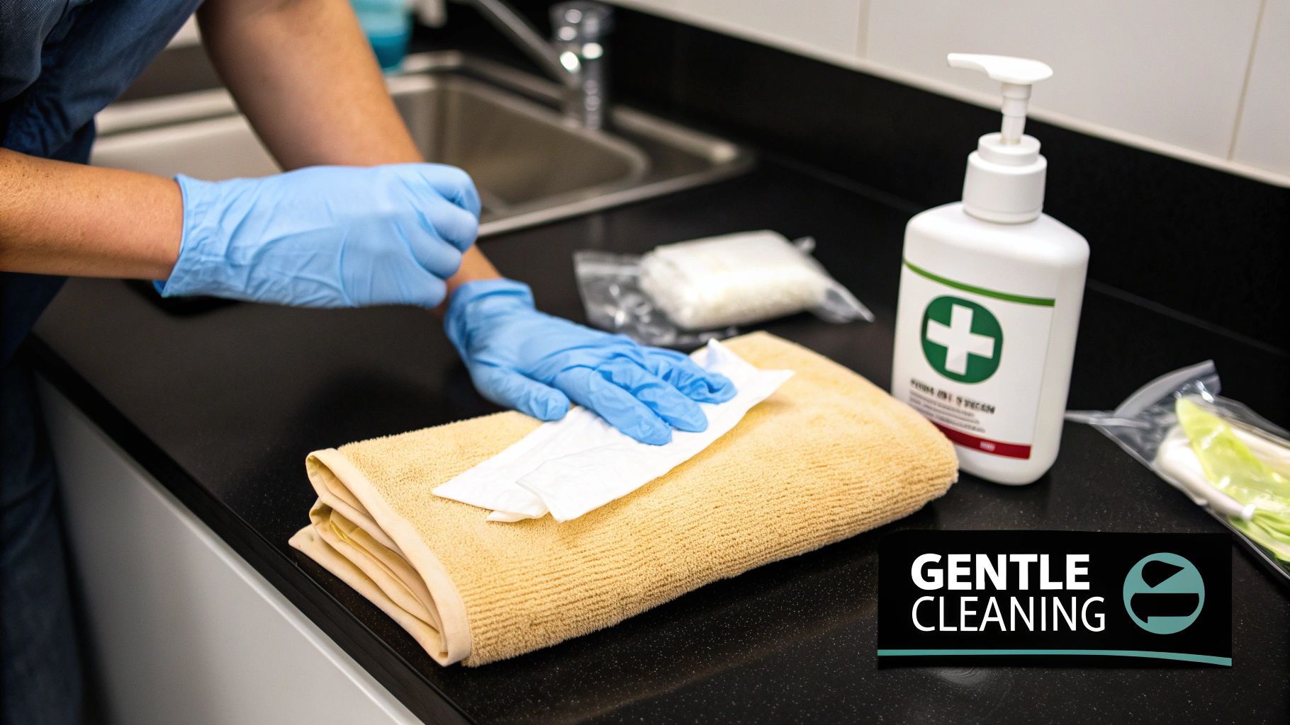 Close-up of gloved hands cleaning a dark countertop with a white cloth, near hand sanitizer.