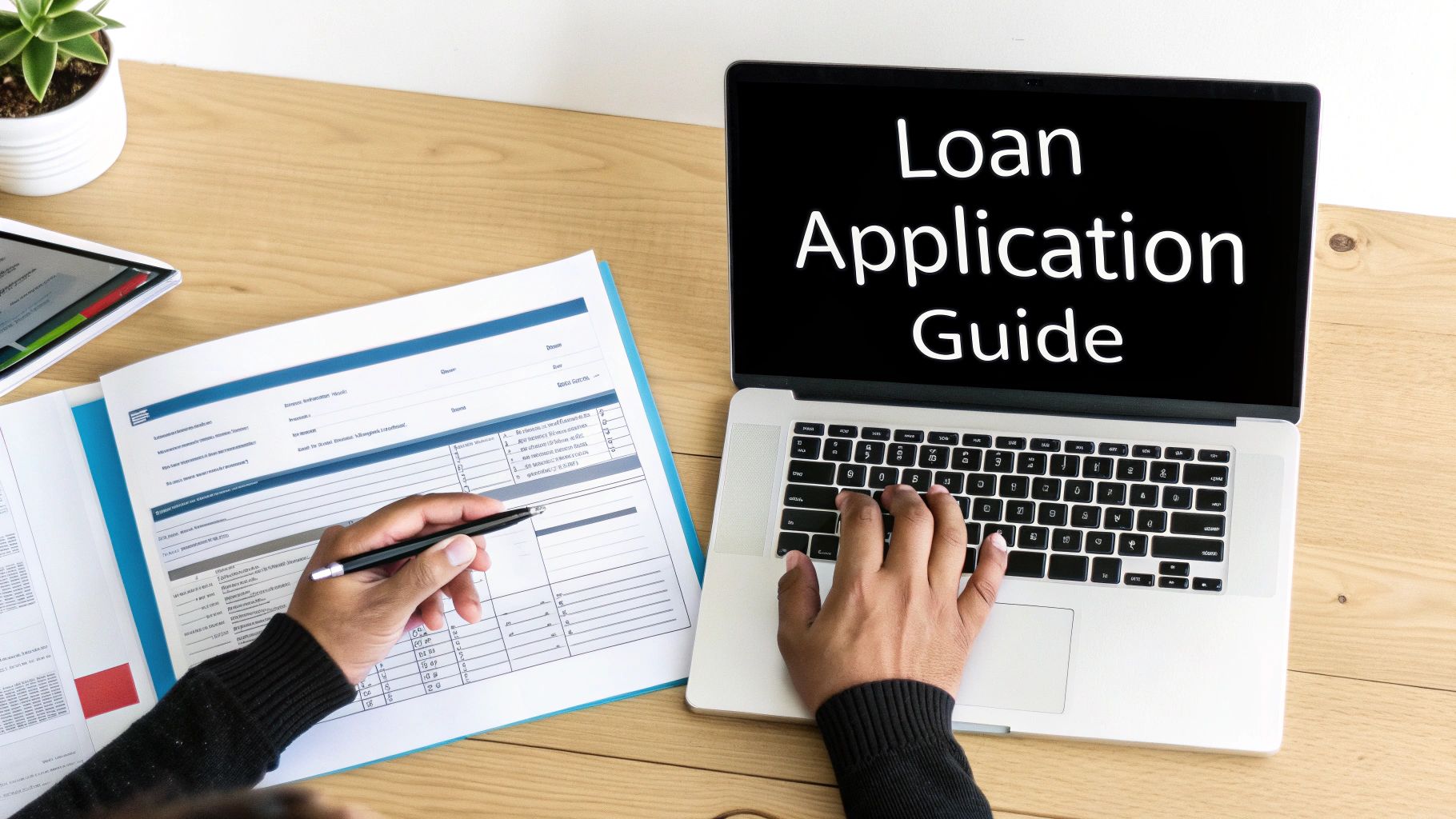 Person completing a loan application form with a pen, looking at documents and a laptop.