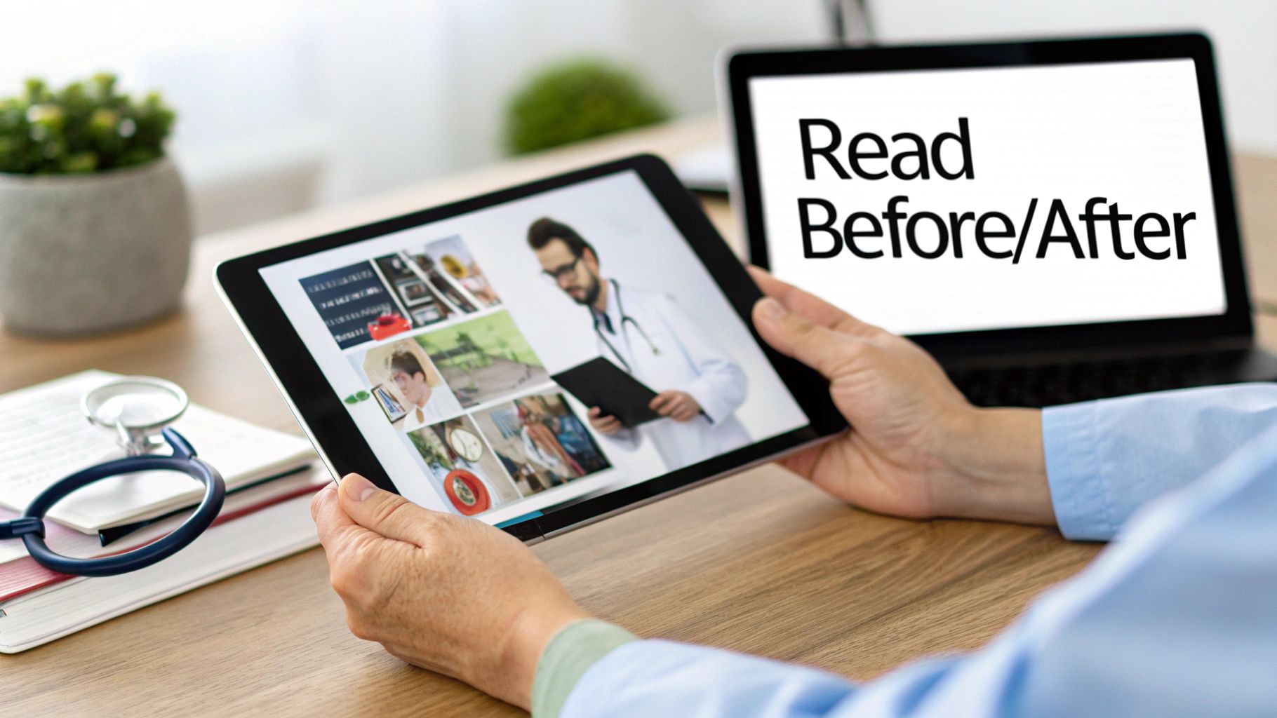 A doctor reviews medical images and a video call on a tablet, with a laptop showing 'Read Before/After' in the background.