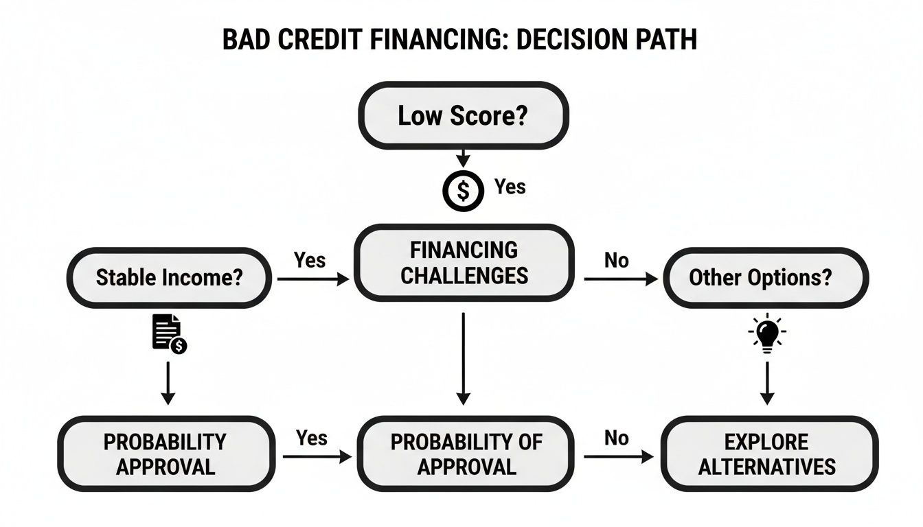 A flowchart illustrating the decision path for bad credit financing, considering credit score and income.