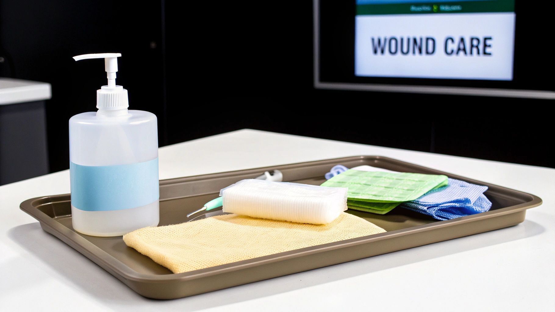 A tray with medical supplies including a pump bottle, gauze, tweezers, and cloths, with 'WOUND CARE' on a screen in the background.
