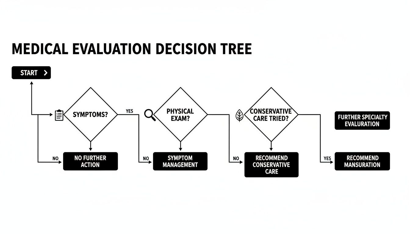 Flowchart illustrating a medical evaluation decision tree, guiding through symptoms, exams, and care.