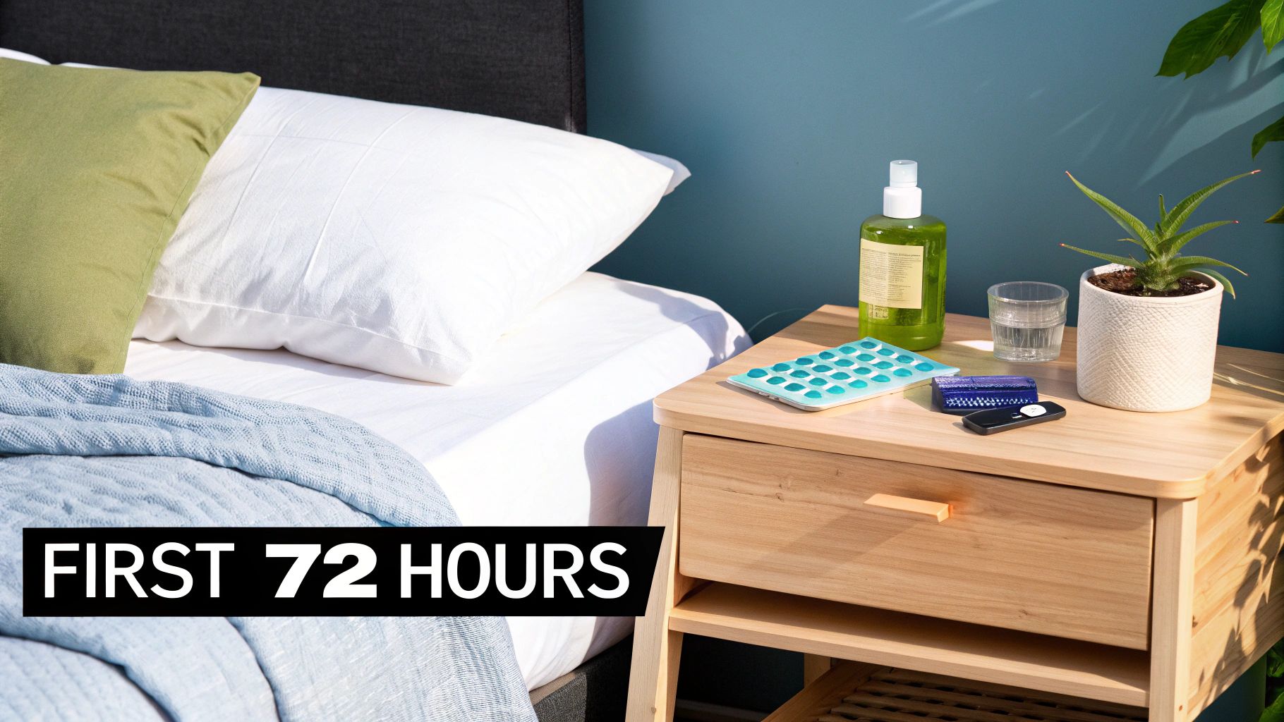 A bed with white and green pillows, a light blue blanket, and a nightstand with recovery essentials.