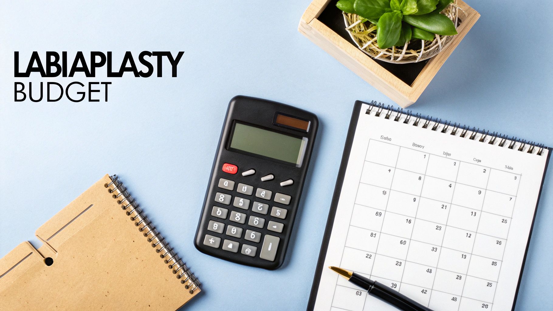 A calculator, calendar, and notebook on a blue desk with 'Labiaplasty Budget' text, symbolizing financial planning.