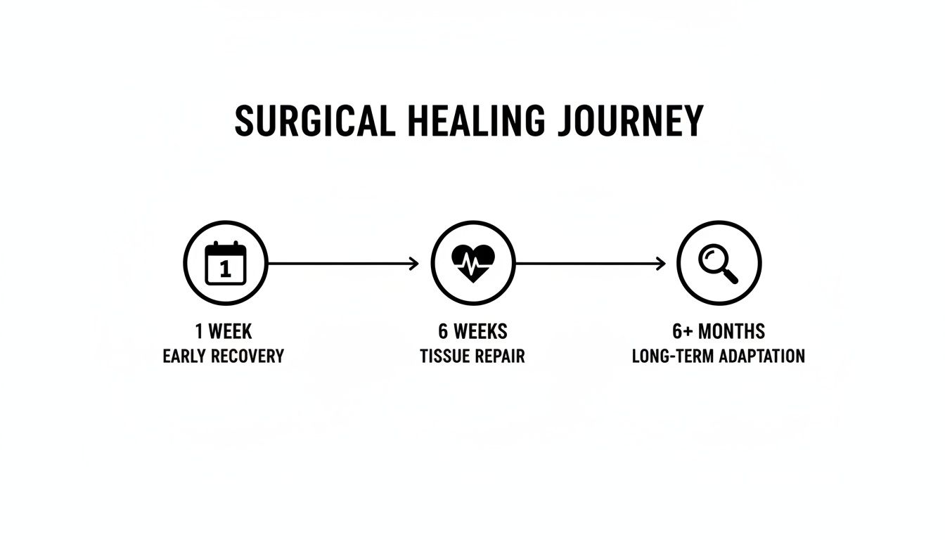 A surgical healing journey timeline showing 1 week early recovery, 6 weeks tissue repair, and 6+ months long-term adaptation.