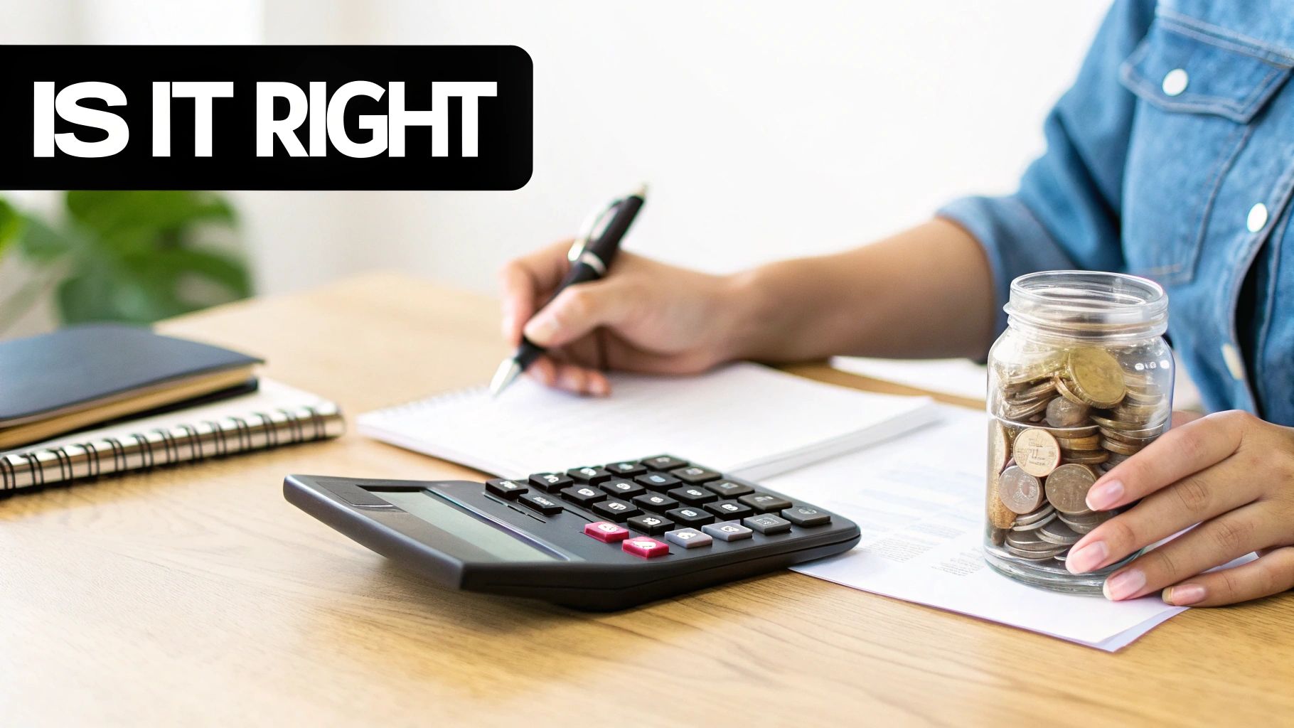 A person calculates finances with a calculator, writing in a notebook, next to a jar of coins.