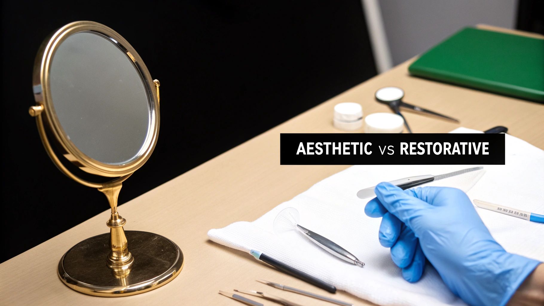 A golden desk mirror, a gloved hand holding a dental tool, and other instruments on a table, with text overlay: AESTHETIC vs RESTORATIVE.
