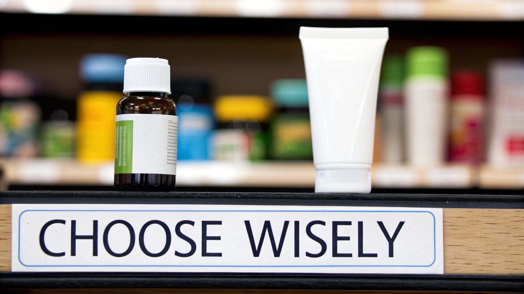 A brown bottle and white tube on a shelf with a 'CHOOSE WISELY' sign below them.