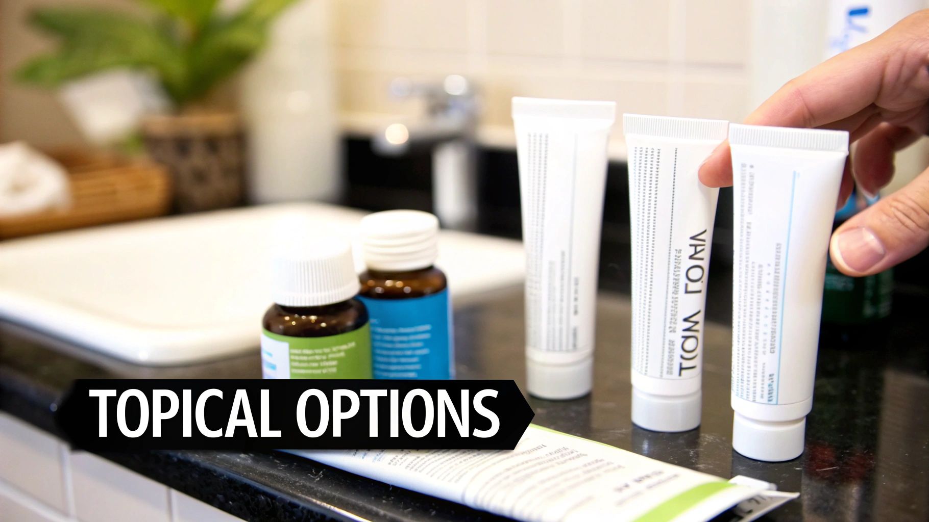 A selection of topical creams and treatment bottles displayed on a bathroom counter, labeled 'Topical Options'.