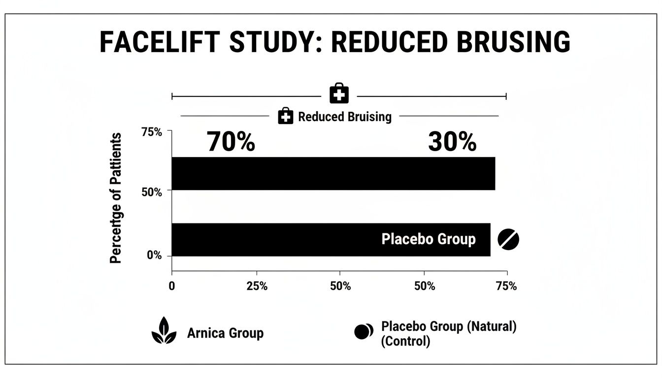 Bar chart illustrating a facelift study on reduced bruising, comparing Arnica and Placebo groups.