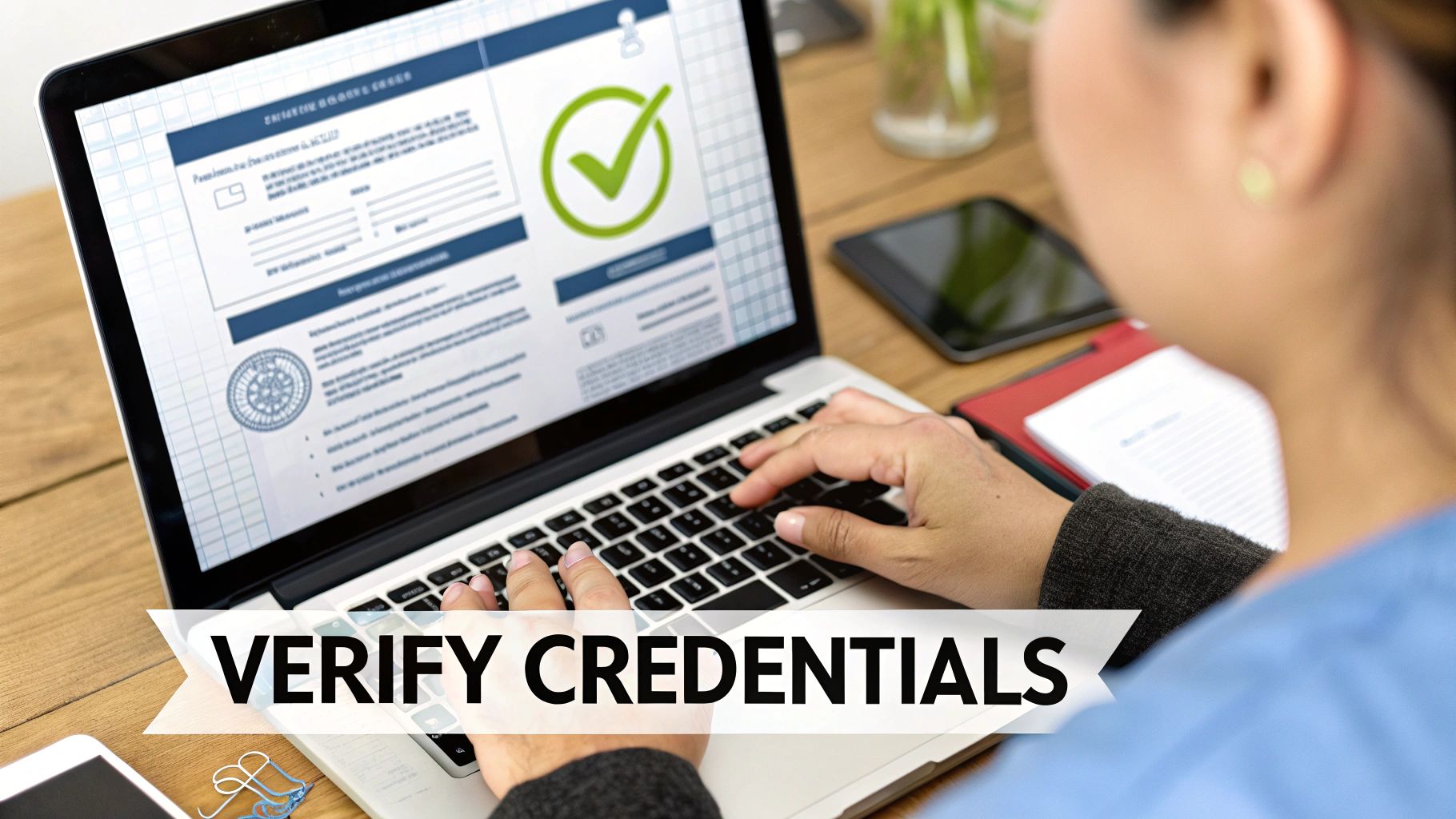 A person types on a laptop, verifying credentials online with a green checkmark on the screen.