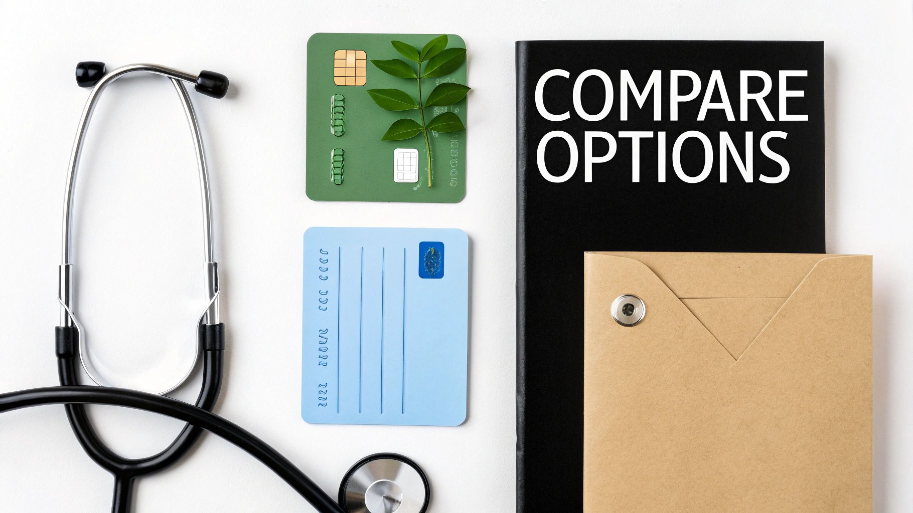 A stethoscope, green and blue cards, a book with 'COMPARE OPTIONS', and a brown envelope.
