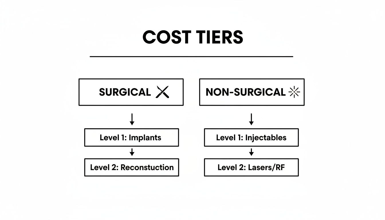 Flowchart showing cost tiers for surgical procedures (implants, reconstruction) and non-surgical procedures (injectables, lasers/RF).