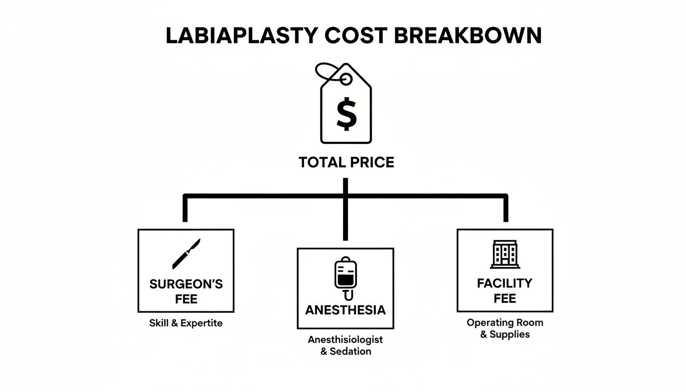 Labiaplasty cost breakdown diagram illustrating total price components: surgeon's fee, anesthesia, and facility fee.