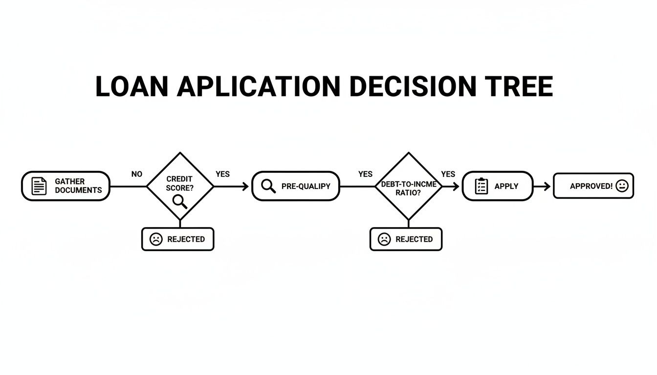 Flowchart showing a loan application decision tree, from gathering documents to final approval or rejection.