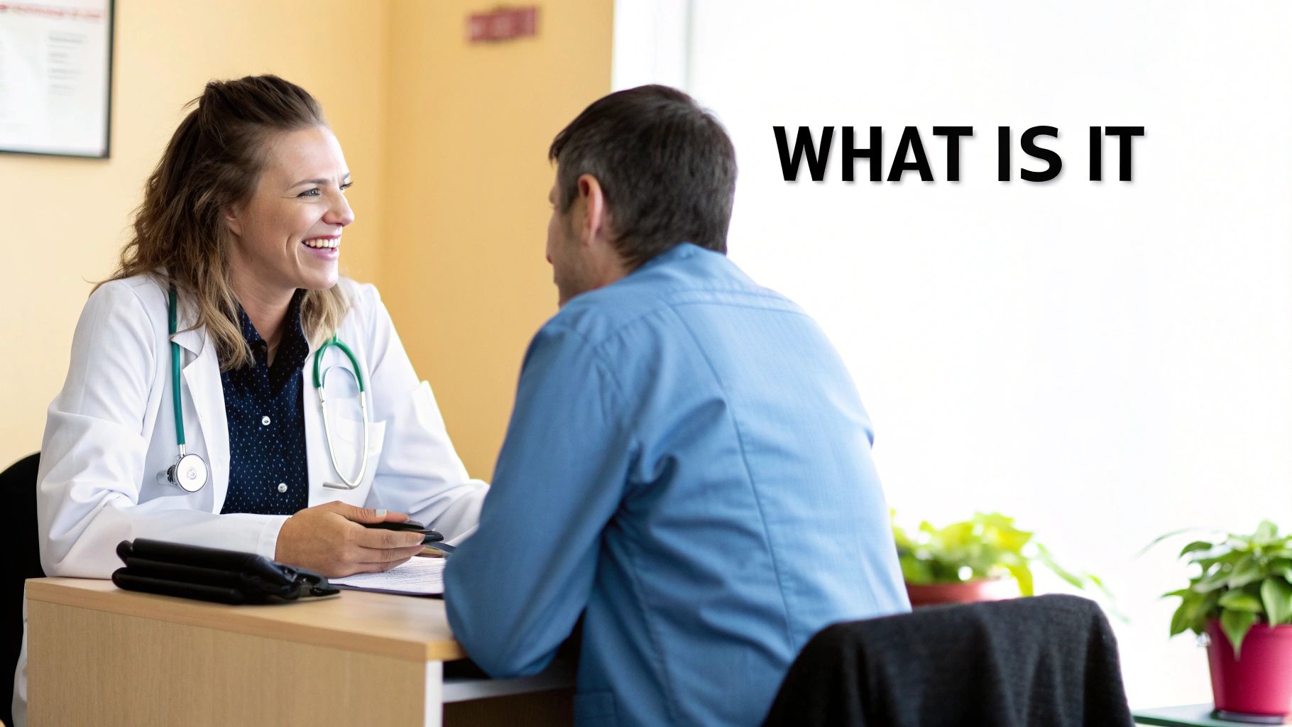A smiling female doctor in a white coat and stethoscope talks to a male patient in a medical office.